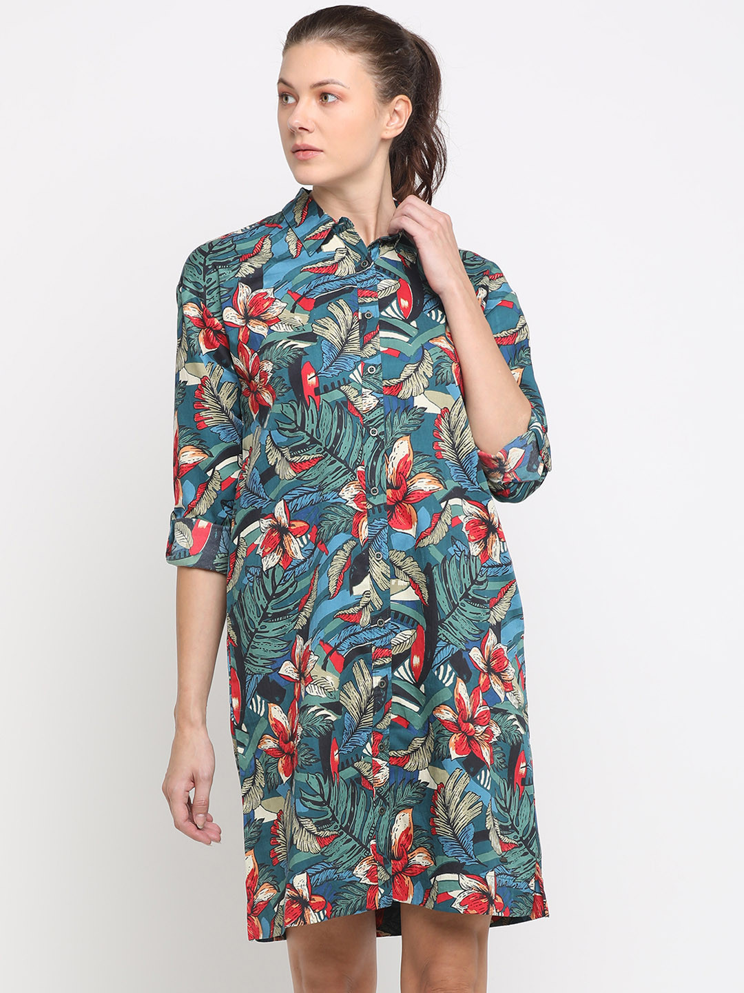 

Pepe Jeans Women Teal Printed Shirt Dress
