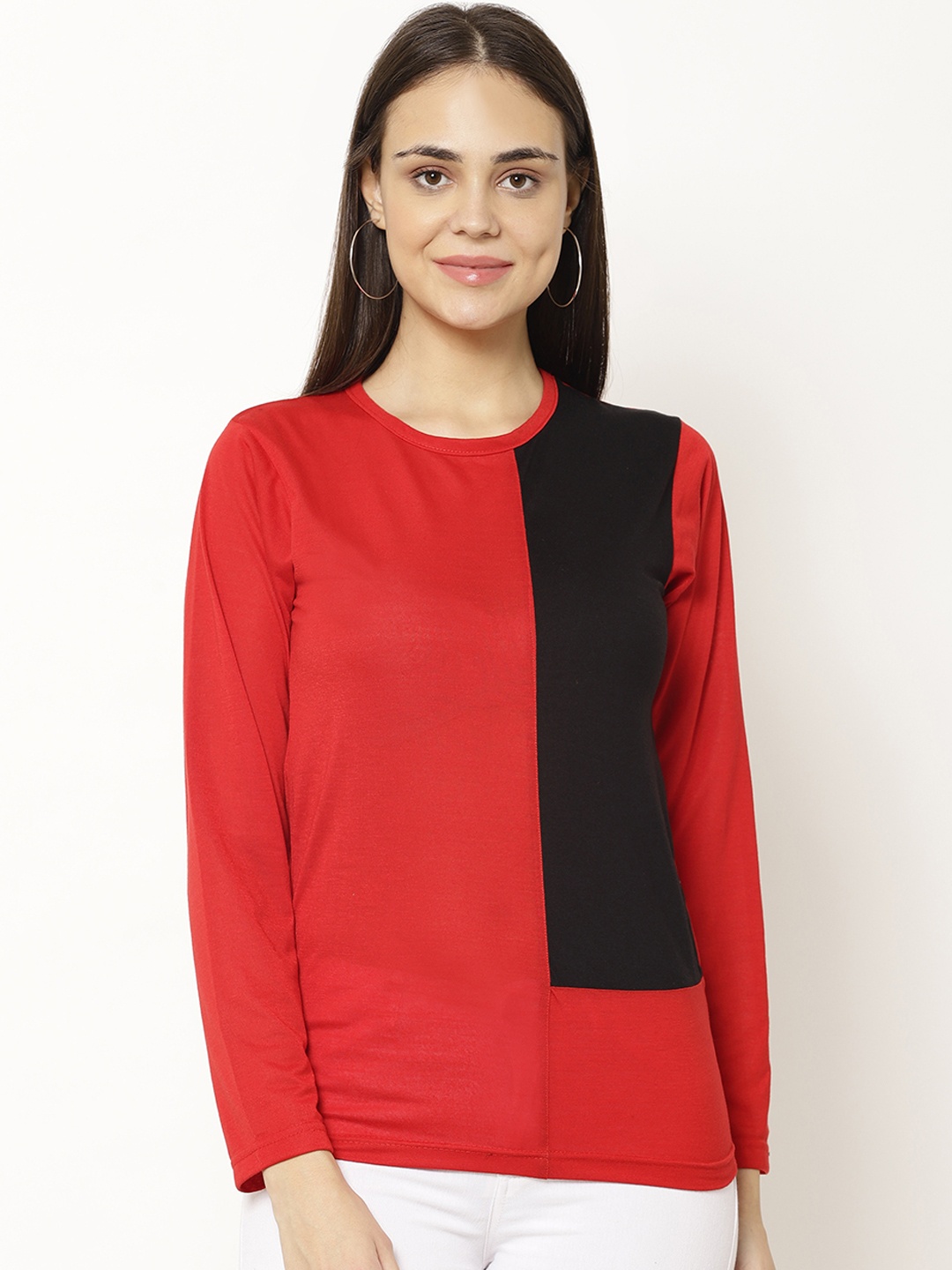 

MACK JONNEY Women Red & Black Colourblocked Round Neck T-shirt
