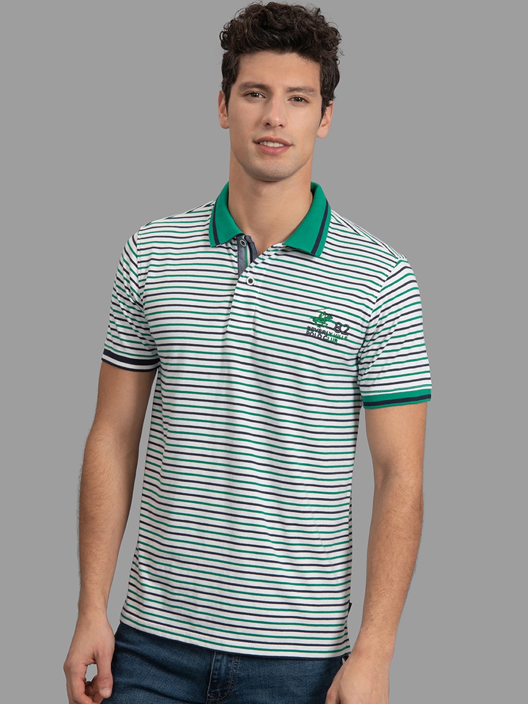 

Beverly Hills Polo Club Men Green Striped Polo Collar T-shirt