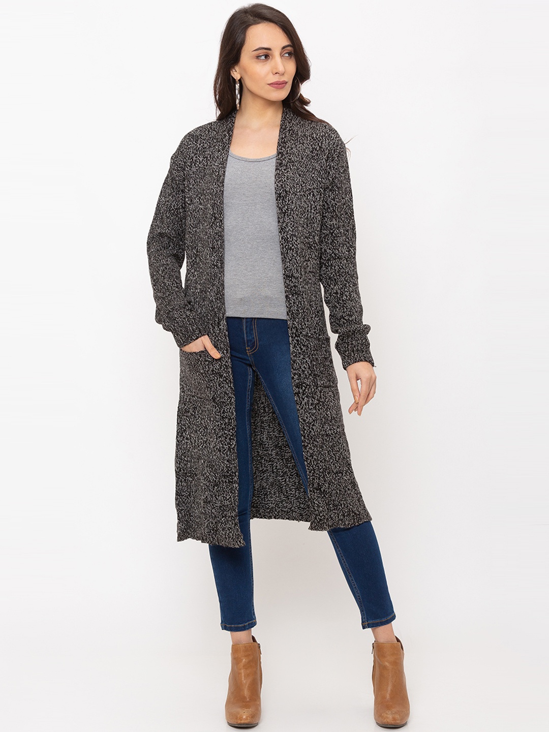 

Globus Women Charcoal Grey Self Design Open Front Shrug