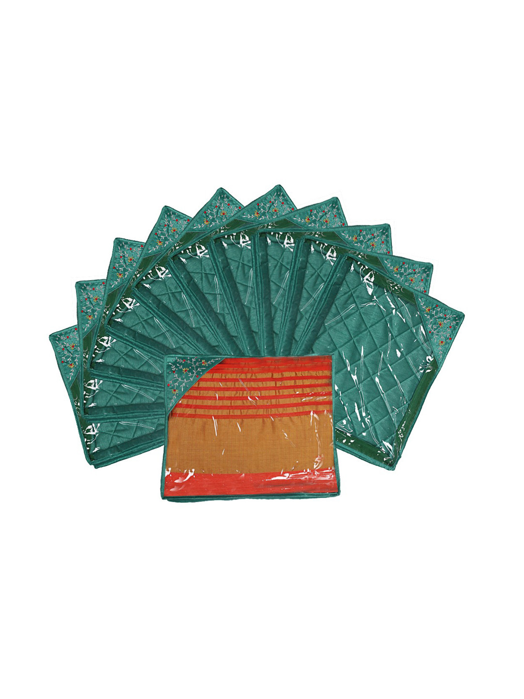

Kuber Industries Set Of 12 Green Embroidered Saree Organizers