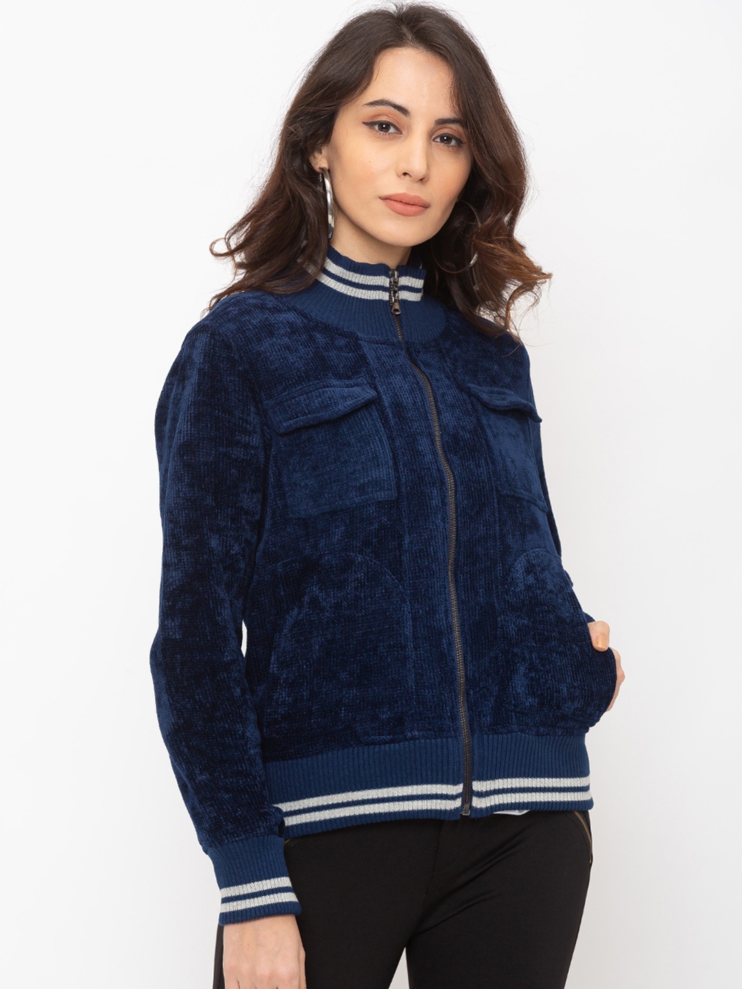 

Globus Women Navy Blue Striped Bomber
