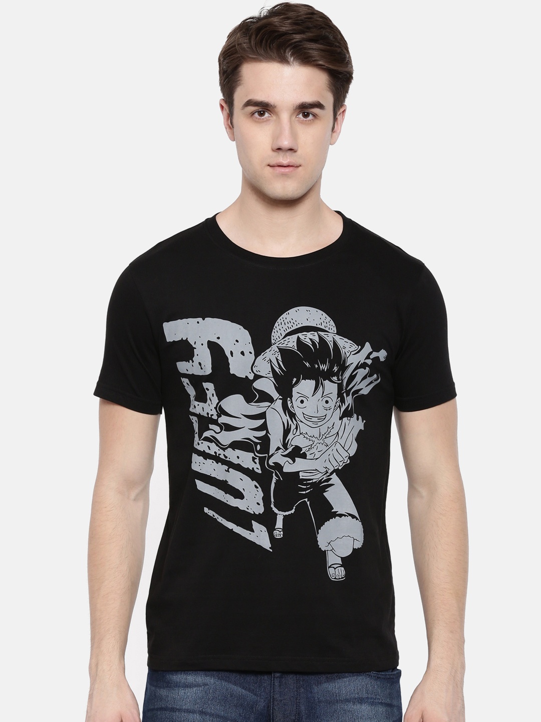 

Bushirt Men Black Grey Printed Round Neck Pure Cotton T-shirt