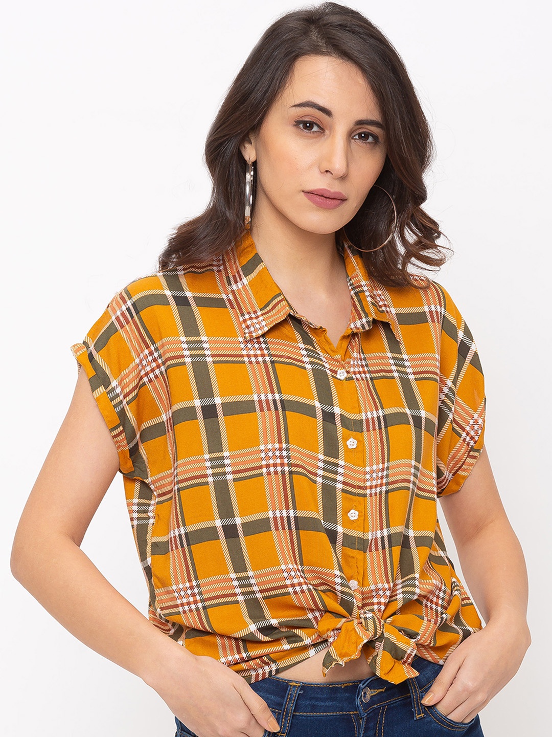 

Globus Women Mustard & Olive Green Regular Fit Checked Casual Shirt