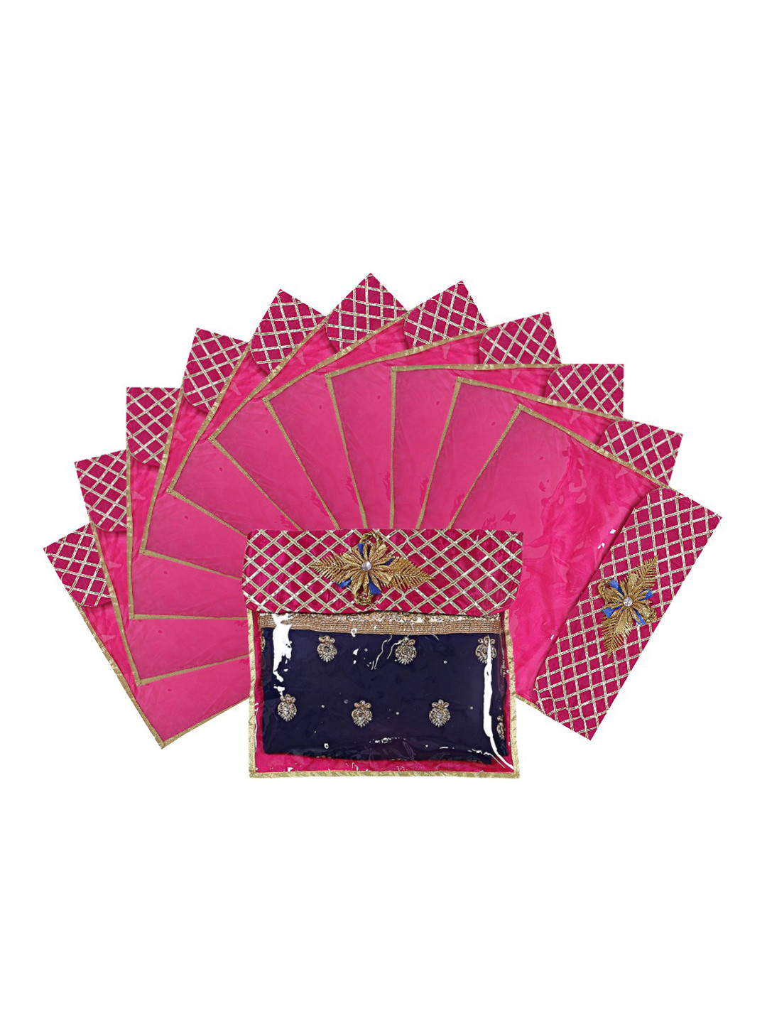 

Kuber Industries Set Of 12 Pink & Gold-Coloured Embellished Saree Organizers