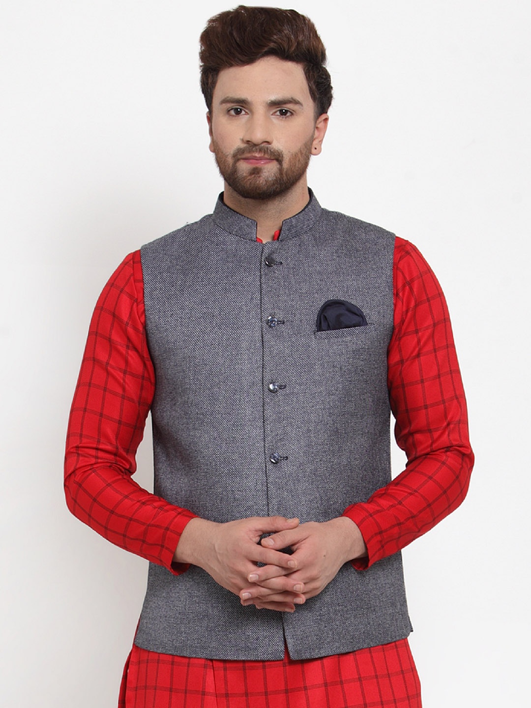 

MAXENCE Men Grey Solid Nehru Jacket & Pocket Square