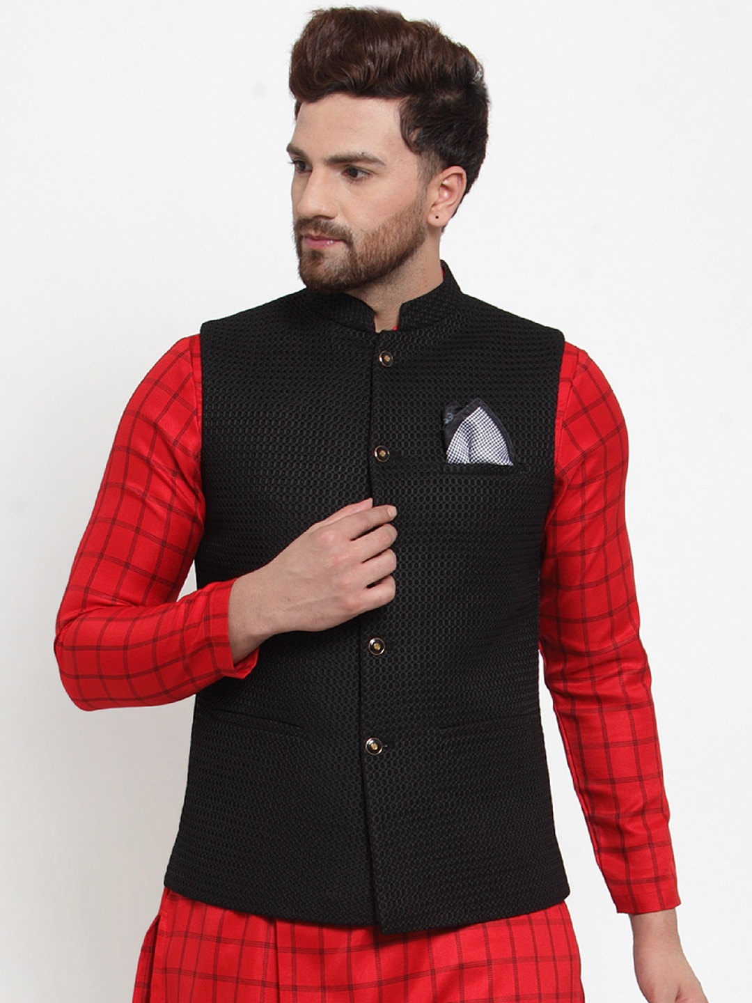 

MAXENCE Men Black Woven Design Slim Fit Nehru Jacket