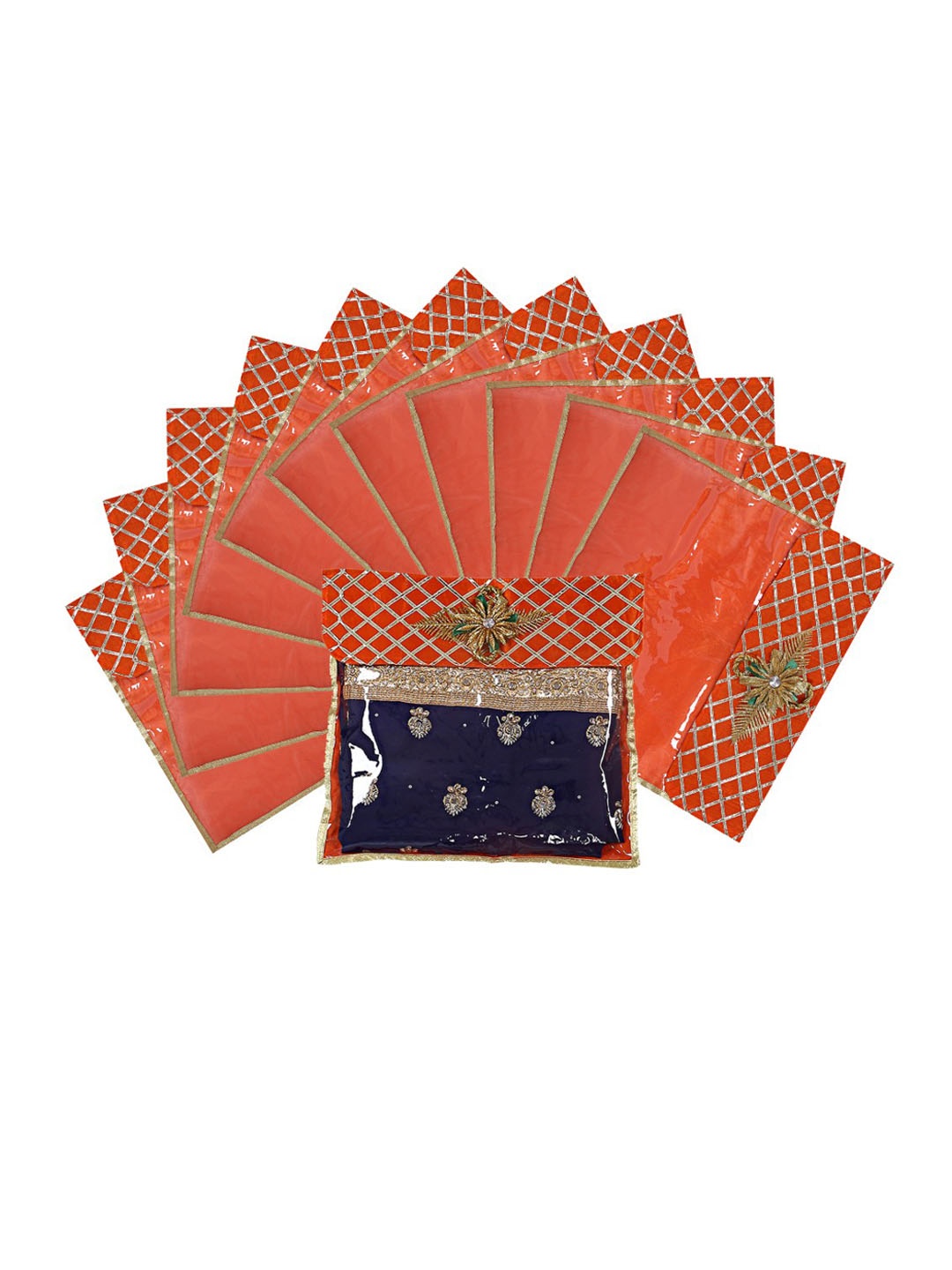 

Kuber Industries Set Of 12 Orange & Gold-Coloured Embellished Saree Organizers