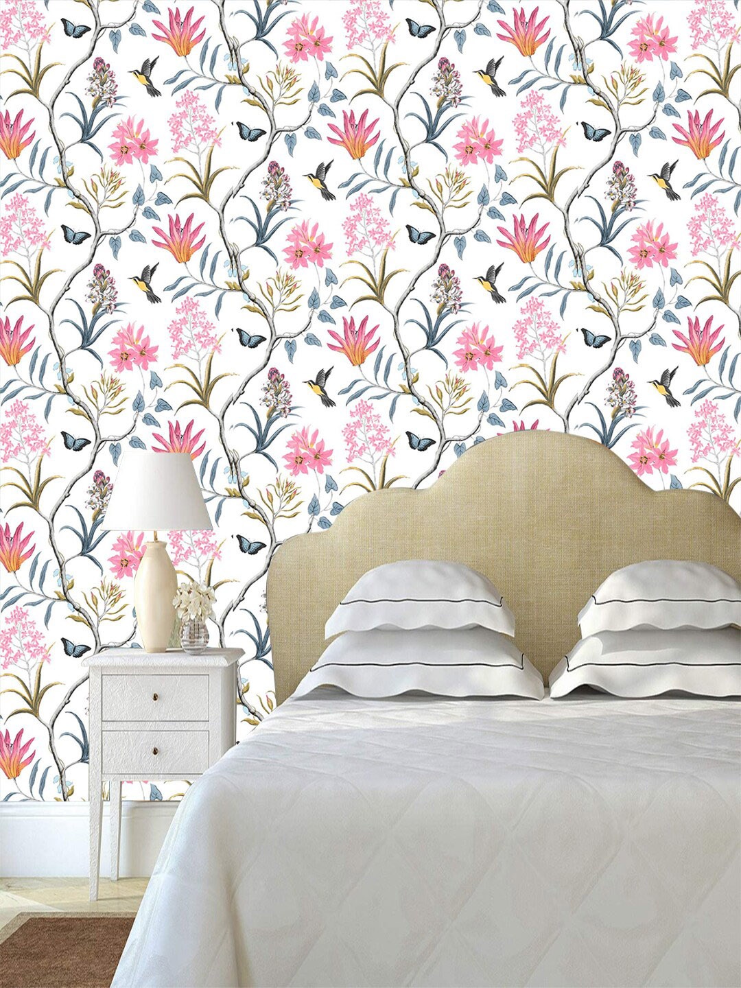 

Jaamso Royals White & Pink Birds Floral Butterfly Self Adhesive Wallpaper 200X45
