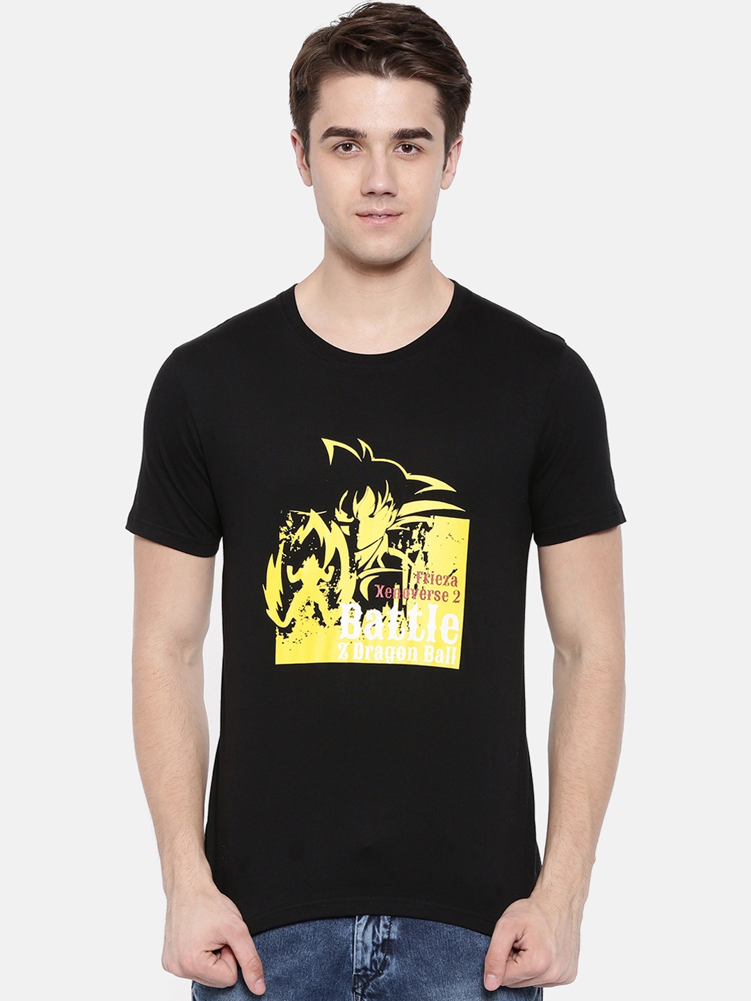 

Bushirt Men Black Yellow Printed Round Neck Pure Cotton T-shirt
