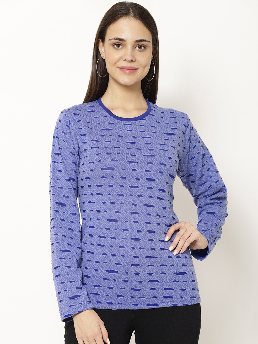 

VIMAL JONNEY Women Blue Self Design Round Neck T-shirt
