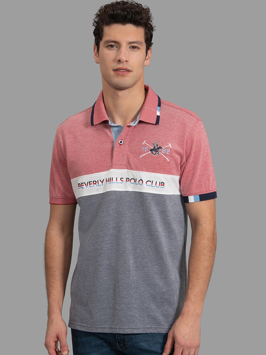 

Beverly Hills Polo Club Men Red & Navy Blue Colourblocked Polo Collar T-shirt