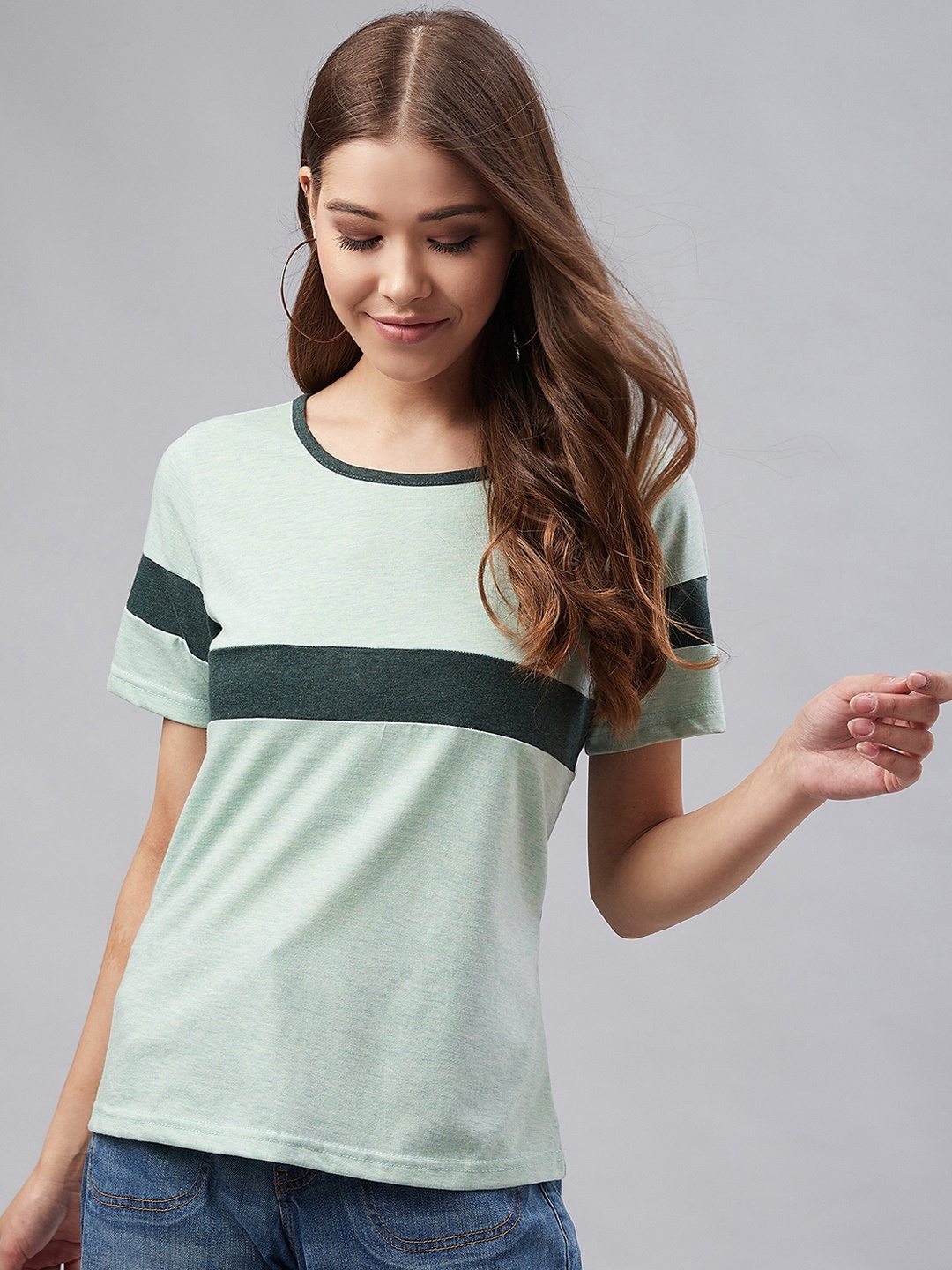 

Marie Claire Women Green Striped Round Neck T-shirt