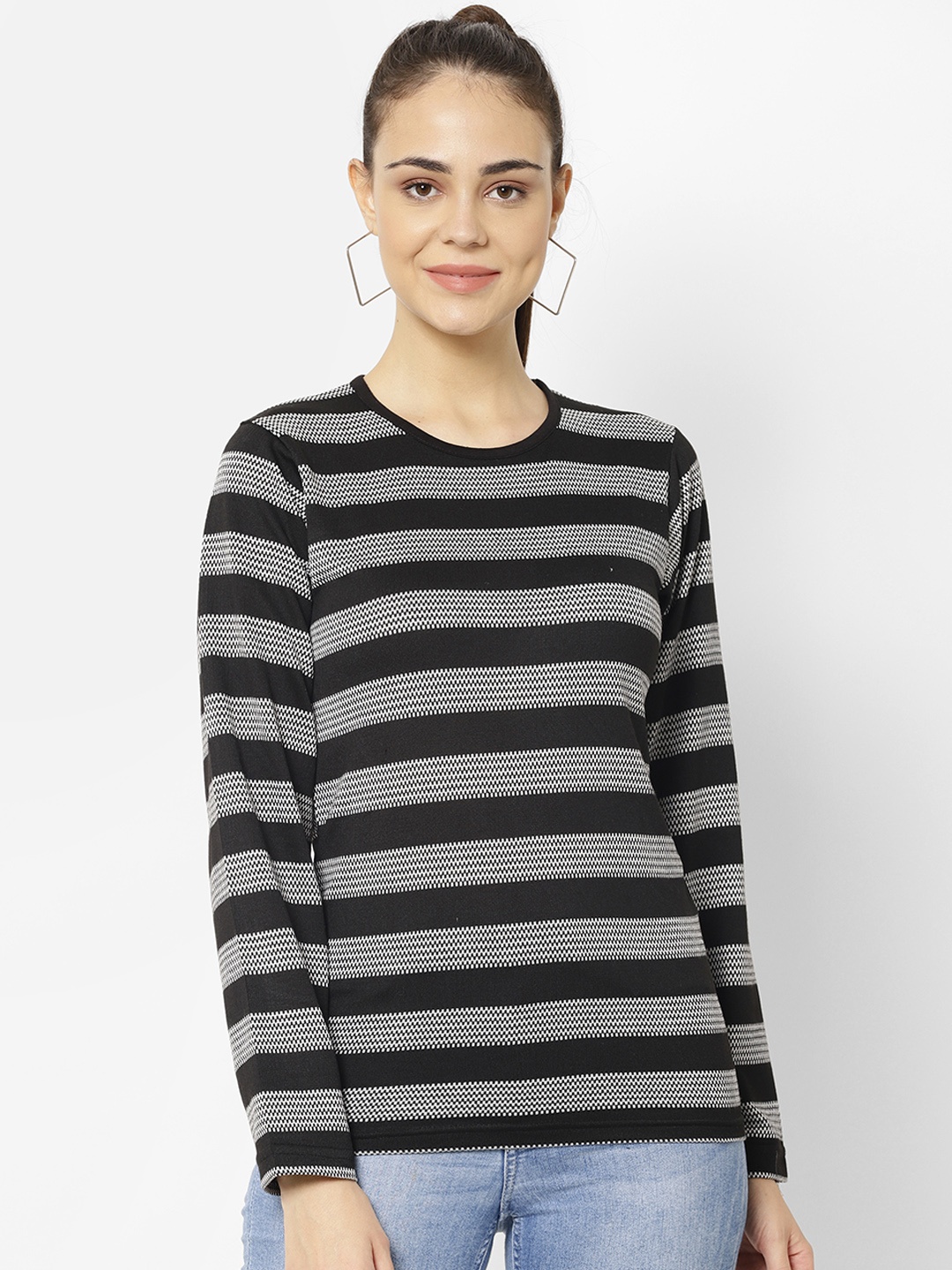 

VIMAL JONNEY Women Black Striped Round Neck T-shirt