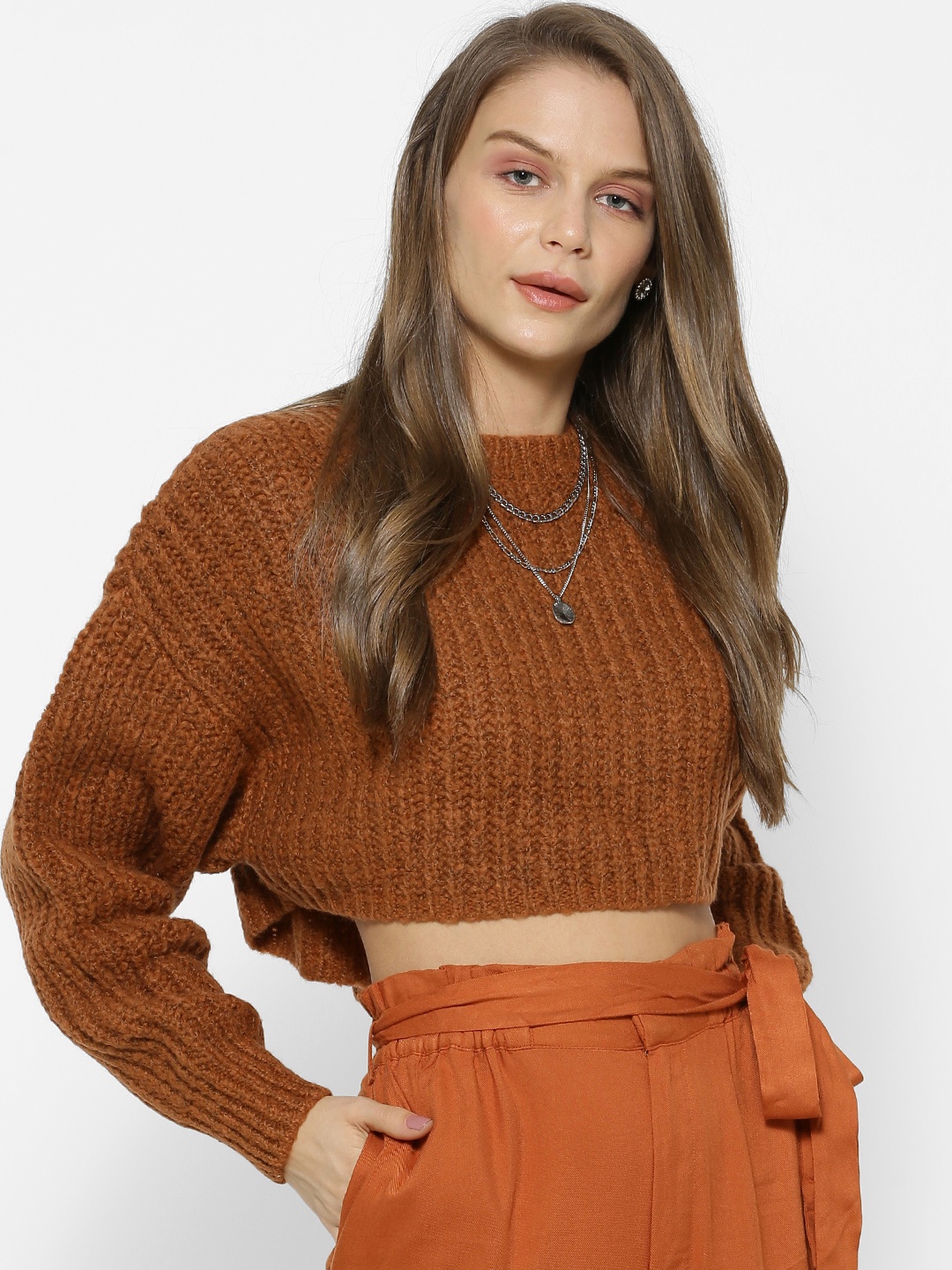 

FOREVER 21 Women Brown Solid Crop Pullover Sweater