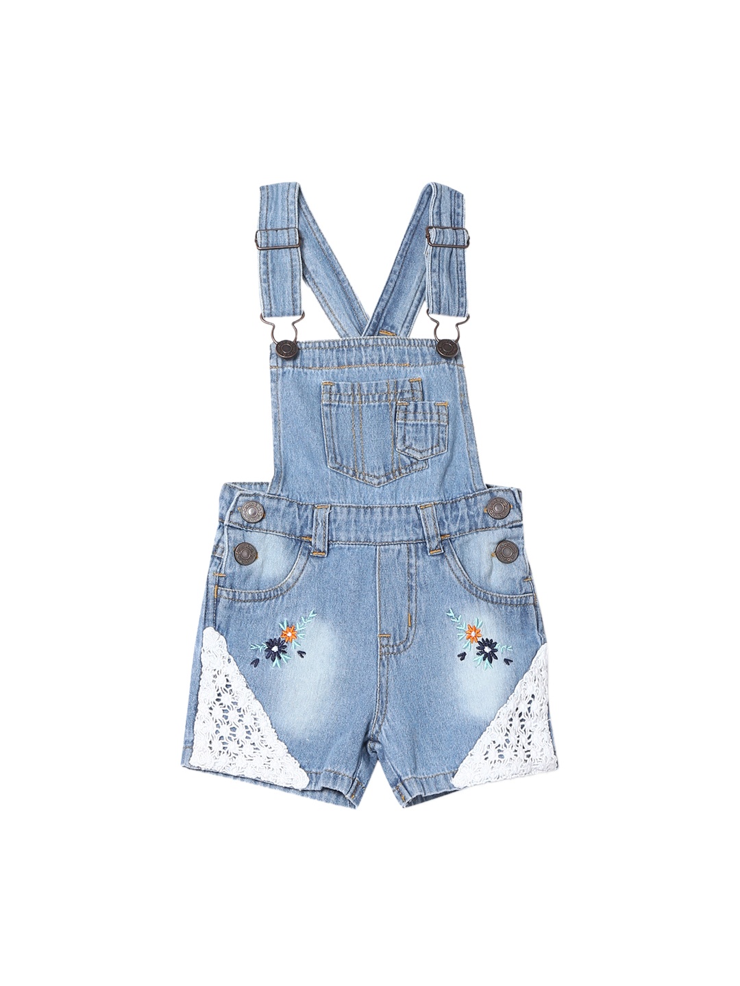 

Donuts Girls Blue Solid Slim-Fit Lace Trim Denim Dungarees