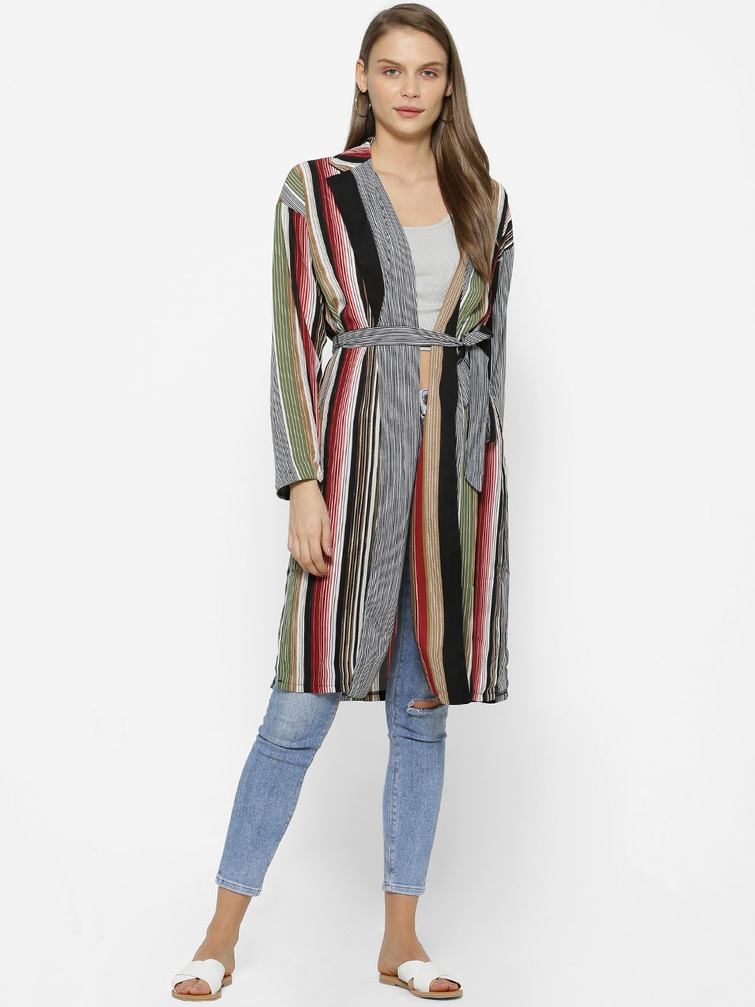 

FOREVER 21 Women White & Black Striped Open Front Jacket