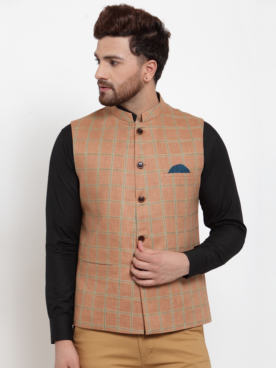 

MAXENCE Rust Brown & Grey Checked Nehru Jacket