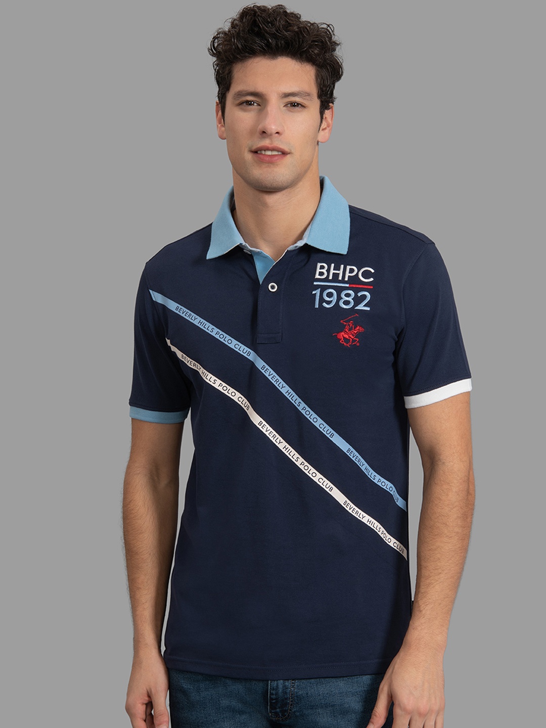 

Beverly Hills Polo Club Men Navy Blue Striped Express Lane Polo Collar T-shirt