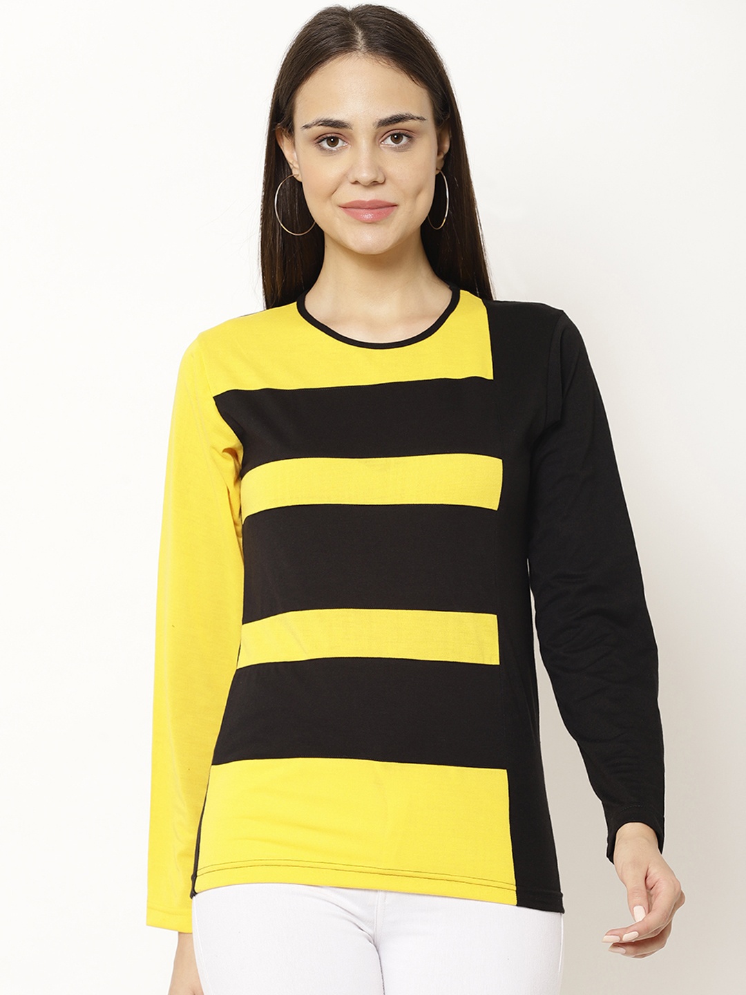 

VIMAL JONNEY Women Yellow & Black Colourblocked Round Neck T-shirt