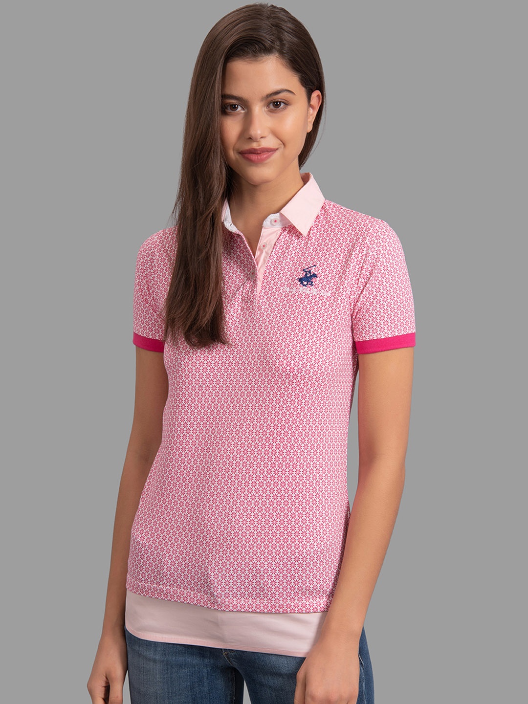 

Beverly Hills Polo Club Women Pink Printed Polo Collar T-shirt