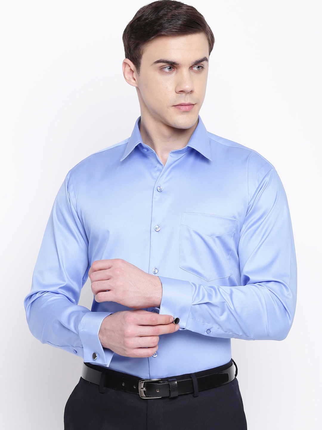 

Hancock Men Blue Solid French Cuff Satin Slim Fit Pure Cotton Formal Shirt