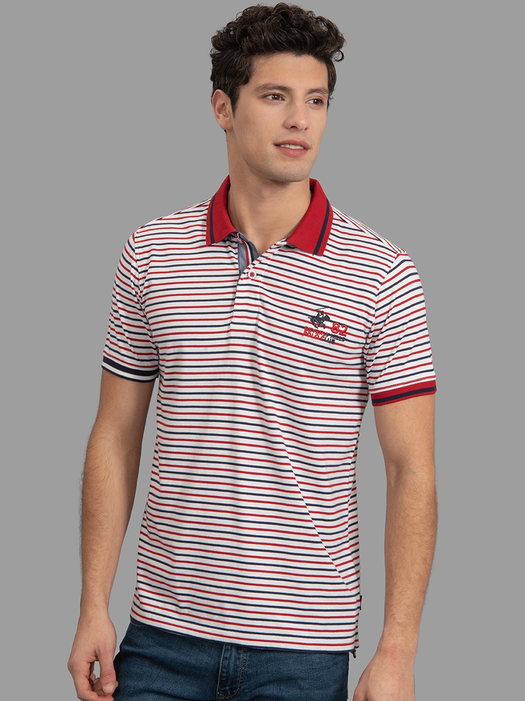 

Beverly Hills Polo Club Men White Striped Polo Collar T-shirt