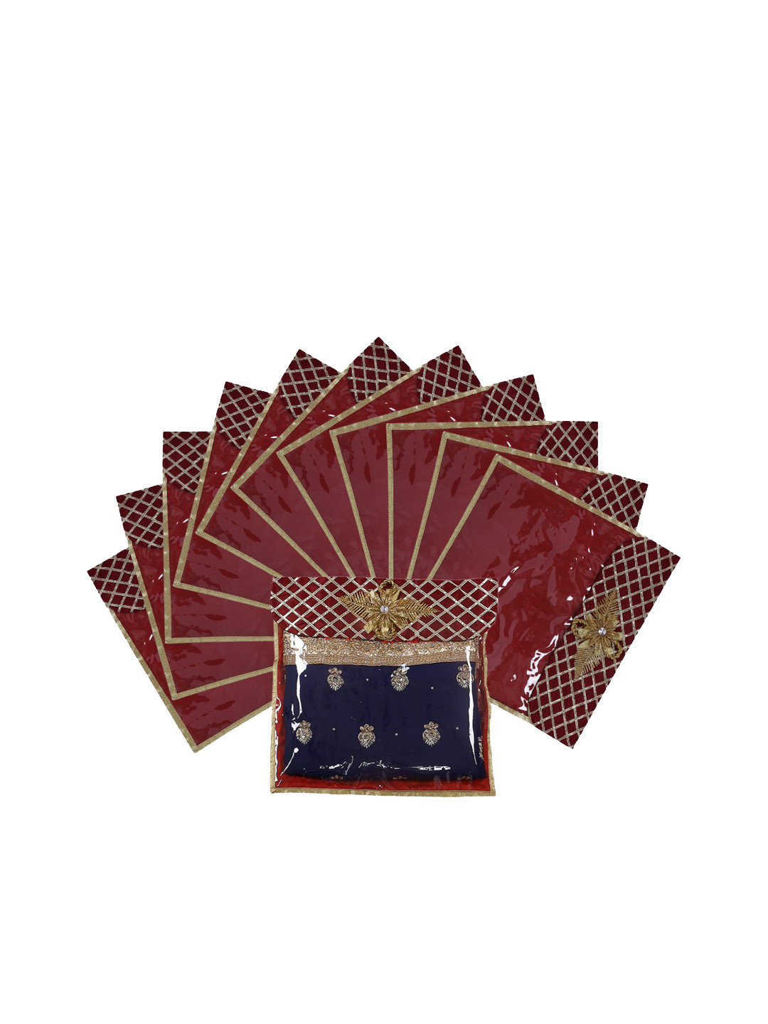 

Kuber Industries Set Of 12 Maroon & Gold-Coloured Embellished Saree Organizers