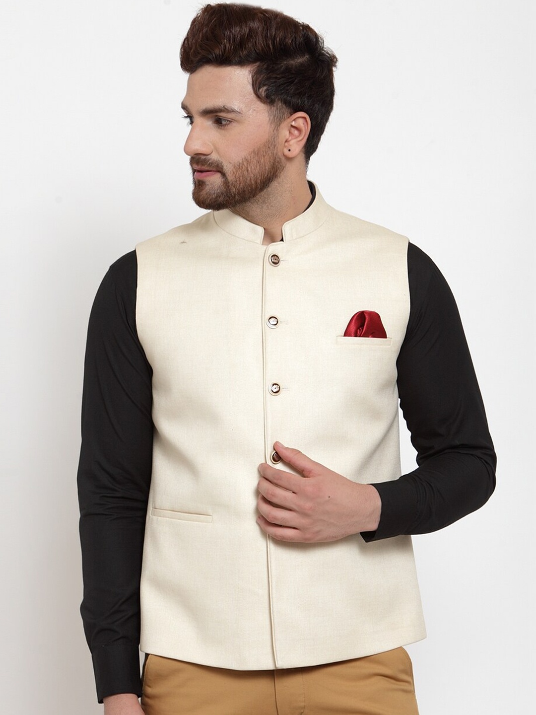 

MAXENCE Men Cream Solid Nehru Jacket
