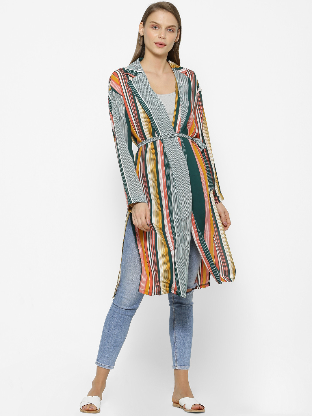 

FOREVER 21 Women Multicoloured Striped Open Front Jacket, Multi