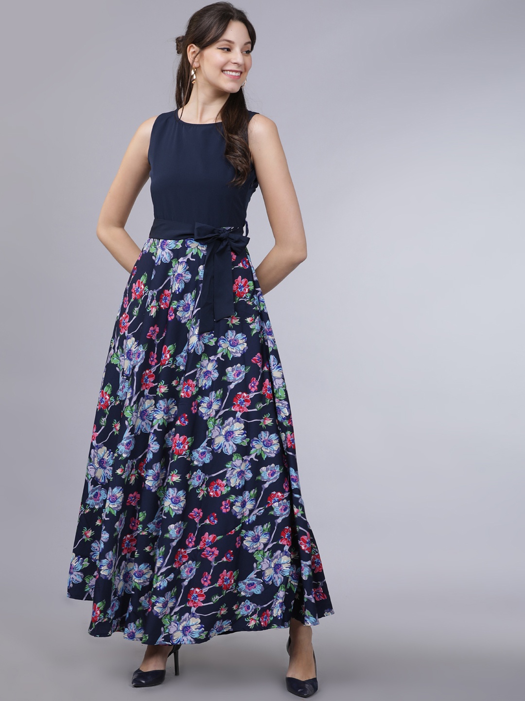 

Tokyo Talkies Women Navy Blue Floral Printed Maxi Dress