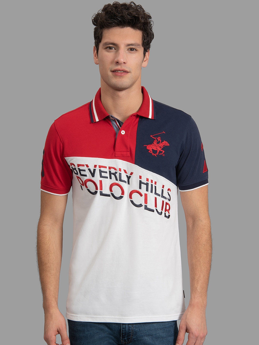 

Beverly Hills Polo Club Men White & Red Colourblocked Polo Collar T-shirt