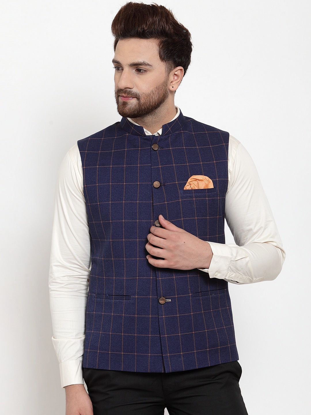 

MAXENCE Men Blue Checked Nehru Jacket With Pocket Square