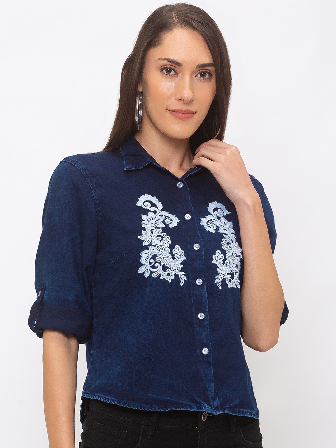 

Globus Women Navy Blue & White Regular Fit Embroidered Styled Back Shirt