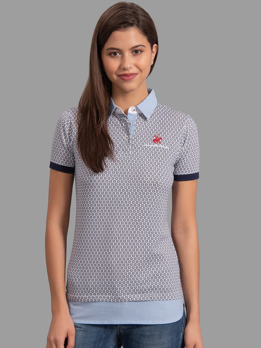 

Beverly Hills Polo Club Women Navy Blue & White Printed Polo Collar T-shirt