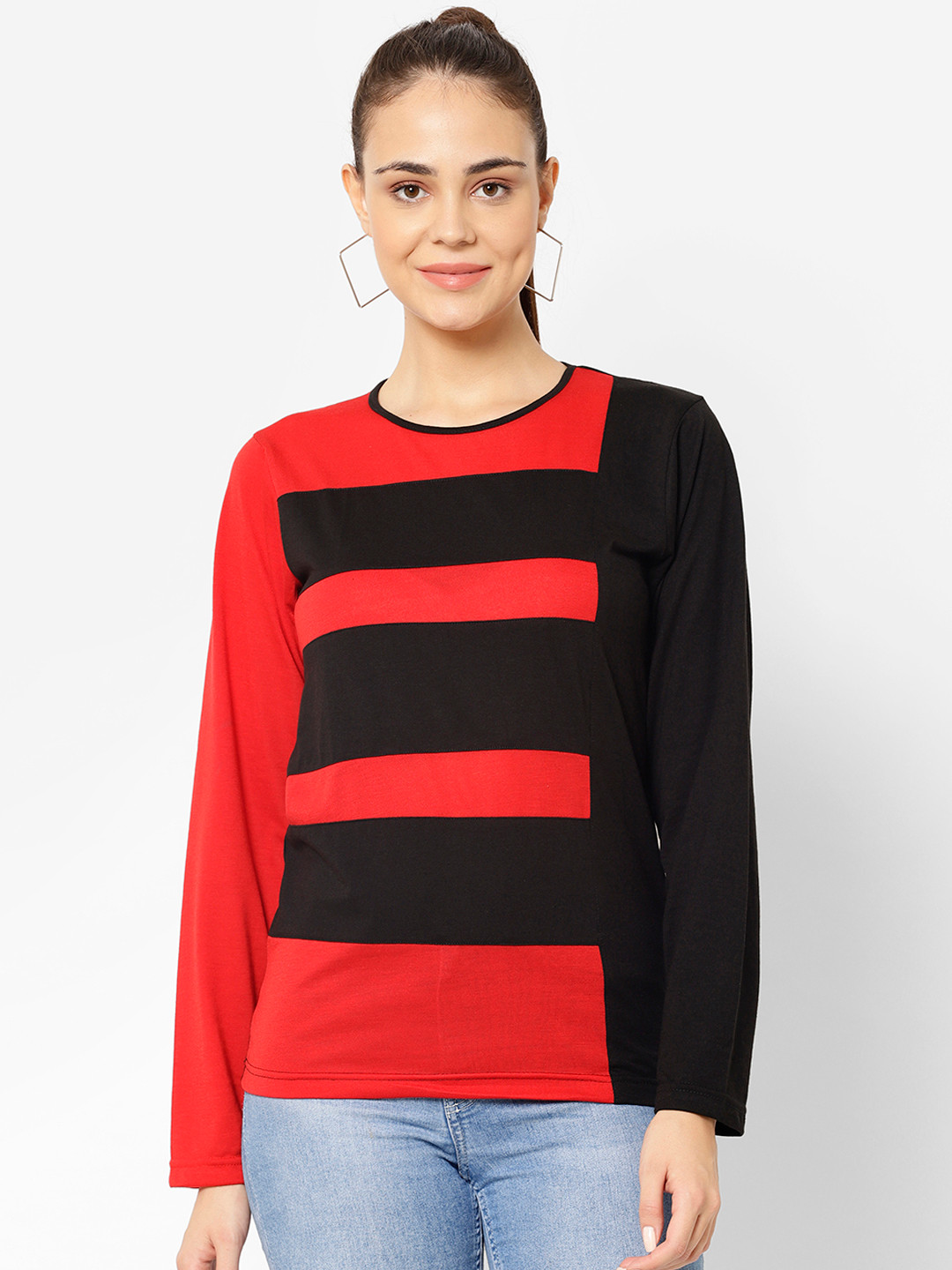 

VIMAL JONNEY Women Red Colourblocked Round Neck T-shirt