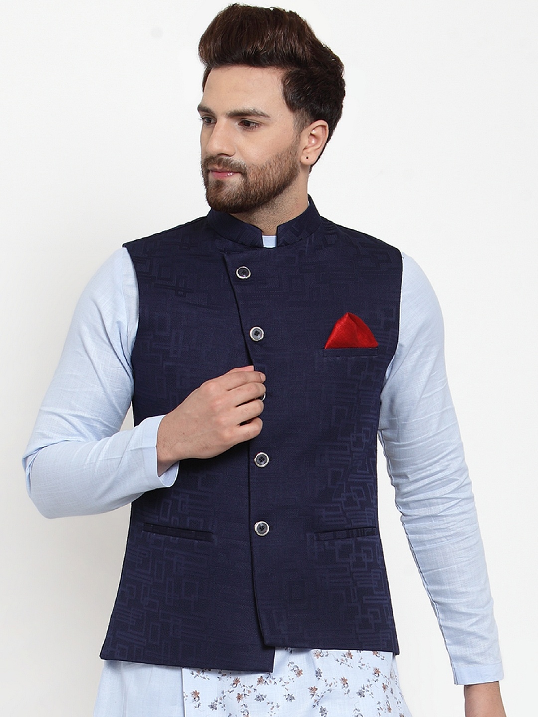 

Men's uneven cut navy blue jacquord nehru jacket with angrakha style with pocket square