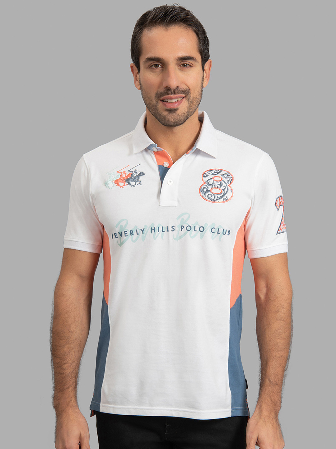 

Beverly Hills Polo Club Men White Colourblocked Polo Collar T-shirt