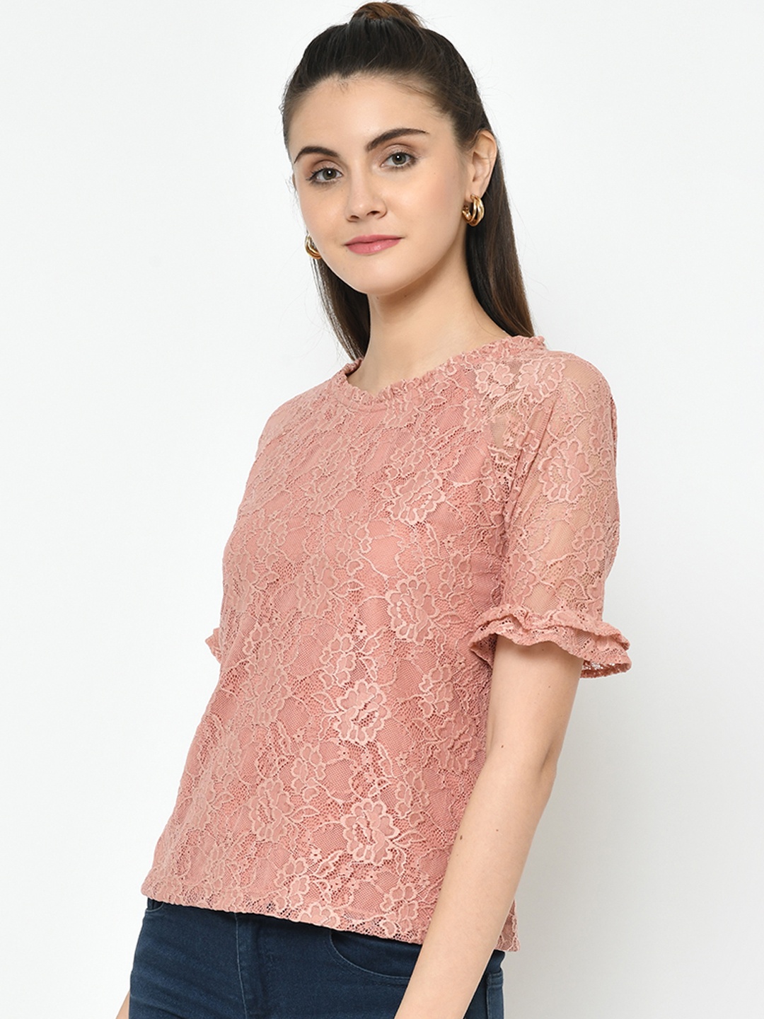 

Latin Quarters Women Pink Self Design Floral Lace Top