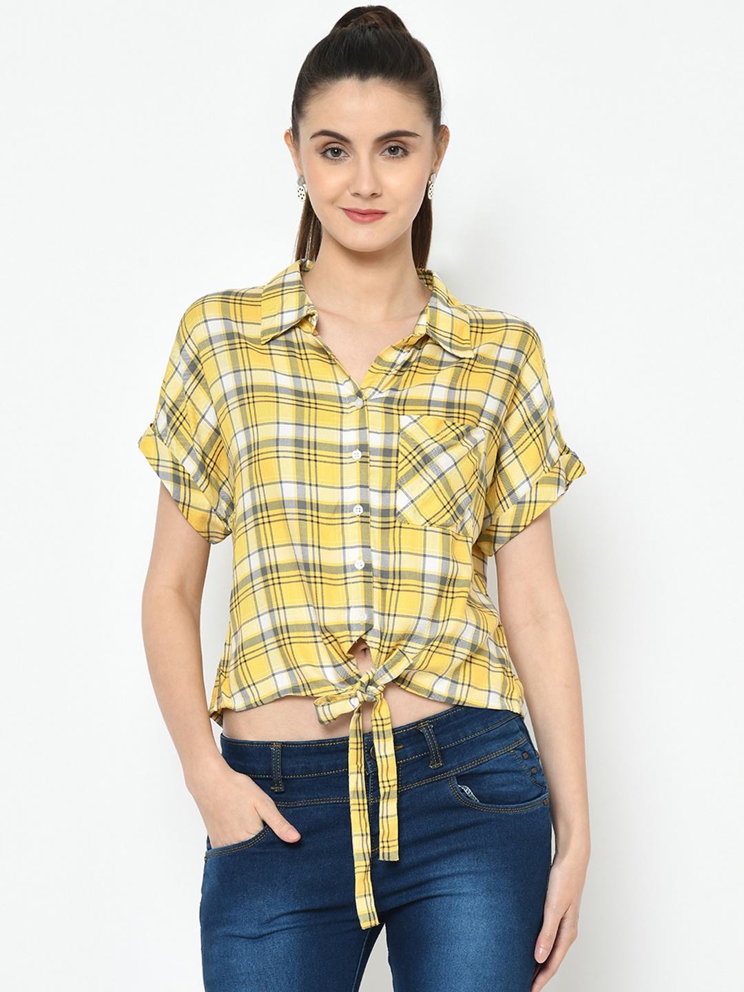 

Latin Quarters Women Yellow & White Checked Shirt Style Crop Top