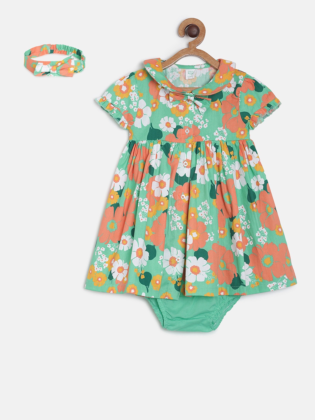 

MINI KLUB Girls Green Floral Printed Fit and Flare Dress