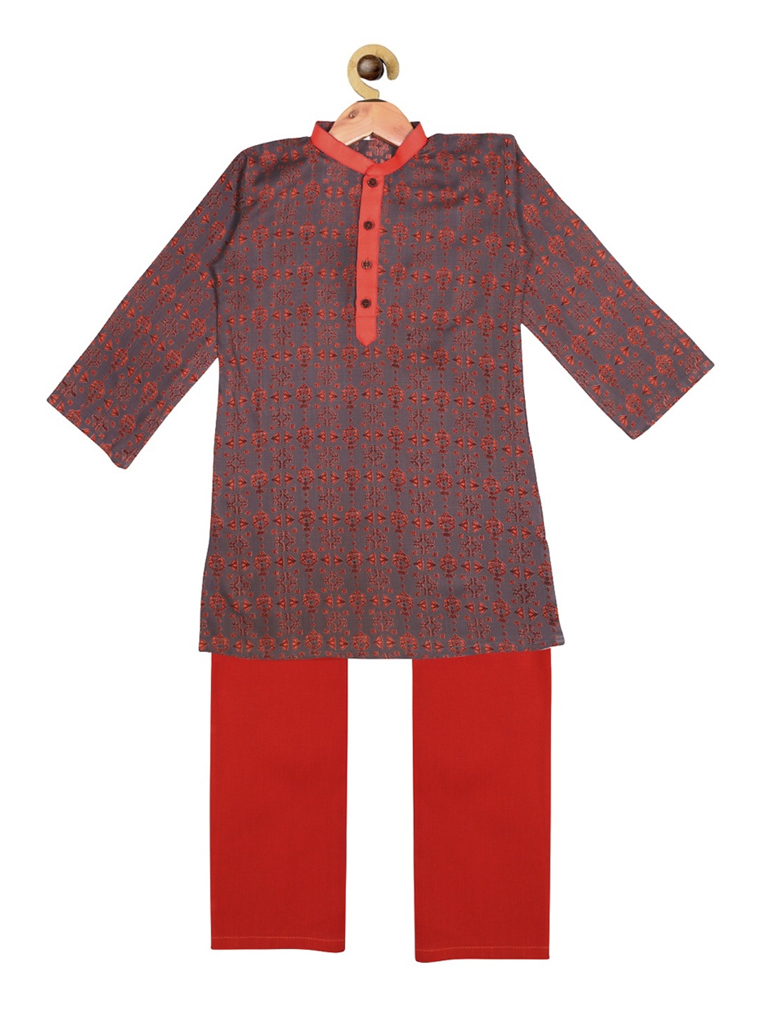 

SOULFULLY INDIAN Boys Grey & Red Printed Kurta with Pyjamas