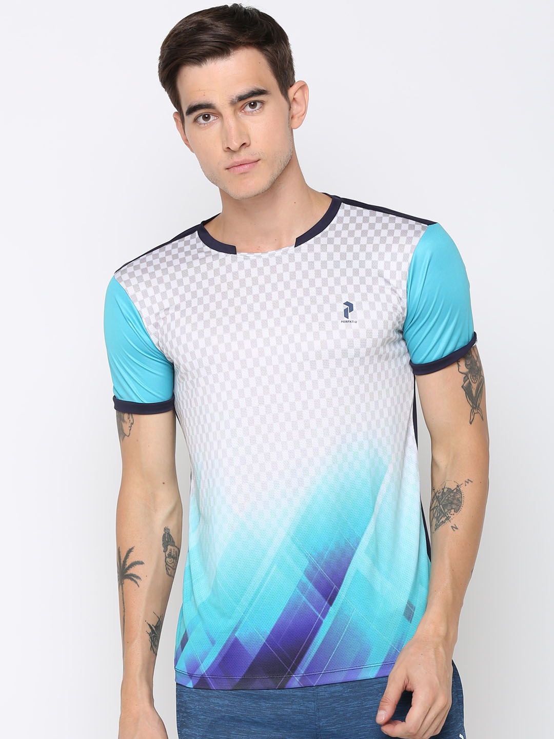 

PERFKT-U Men Blue & White Printed Round Neck T-shirt