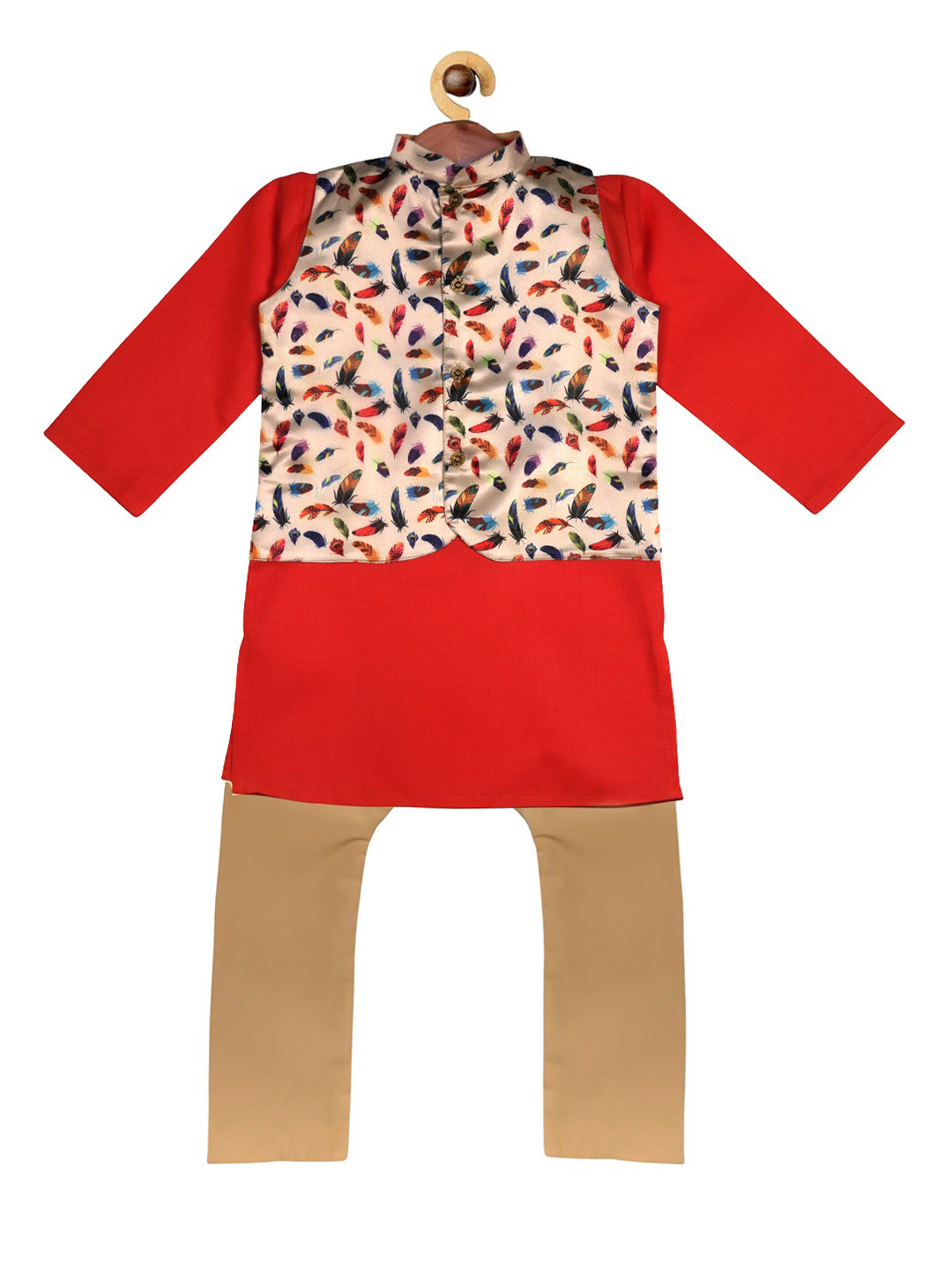 

SOULFULLY INDIAN Boys Red & Beige Solid Kurta with Pyjamas & Jacket