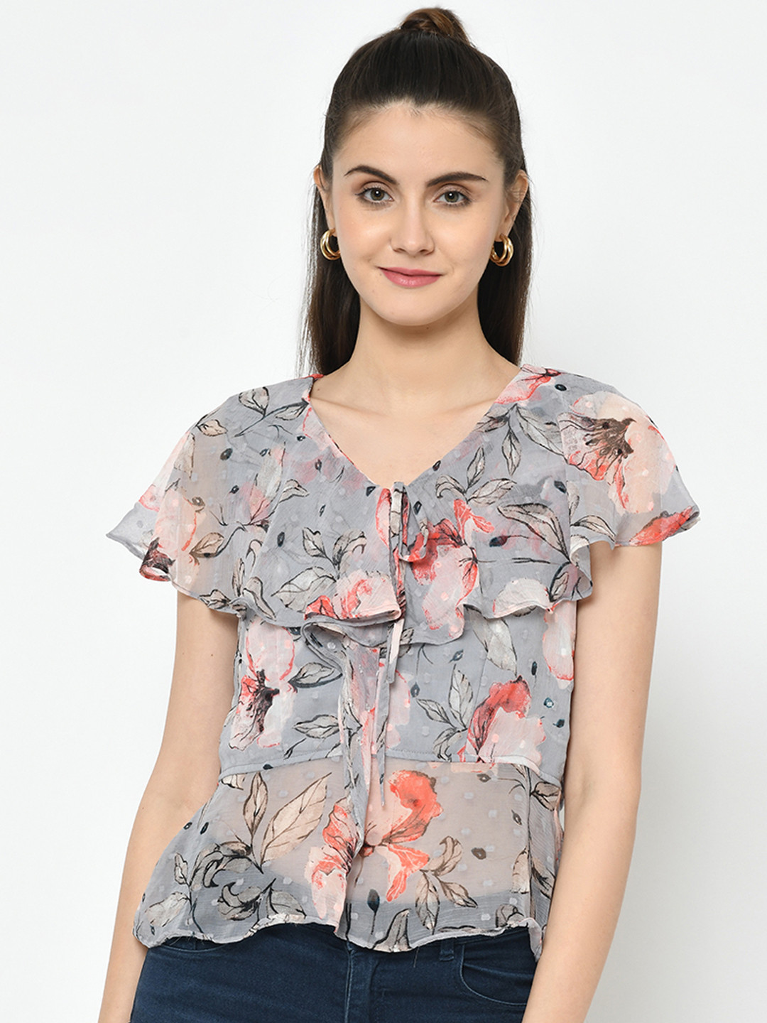 

Latin Quarters Women Grey & Pink Printed Peplum Top