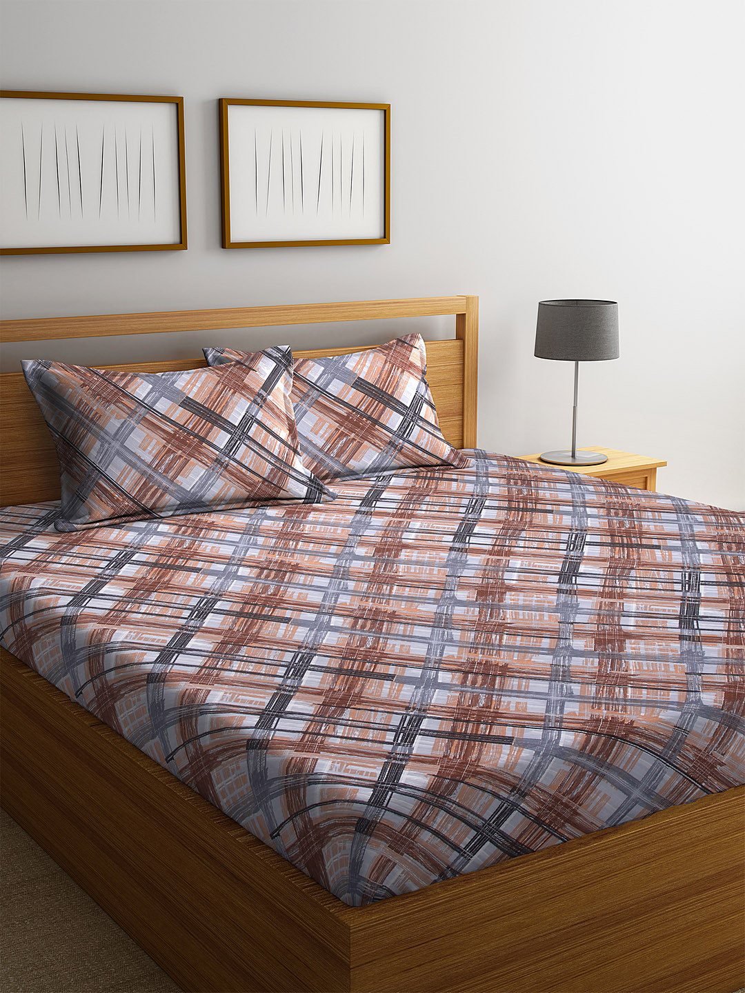

HOSTA HOMES Brown & Grey Geometric 280 TC Cotton 1 Queen Bedsheet with 2 Pillow Covers
