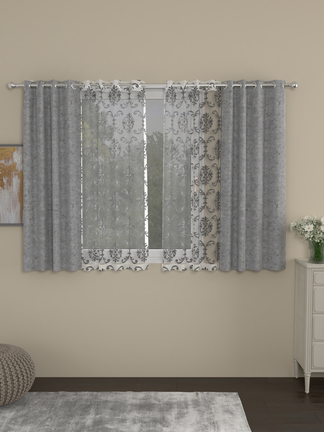

ROSARA HOME Grey & Silver-Toned Yarn Dyed Set of 4 Window Curtains