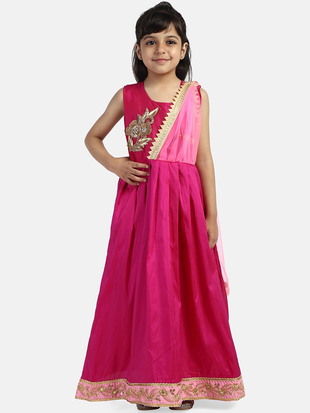 

BownBee Girls Pink & Gold-Coloured Solid Ethnic Maxi Silk Dress