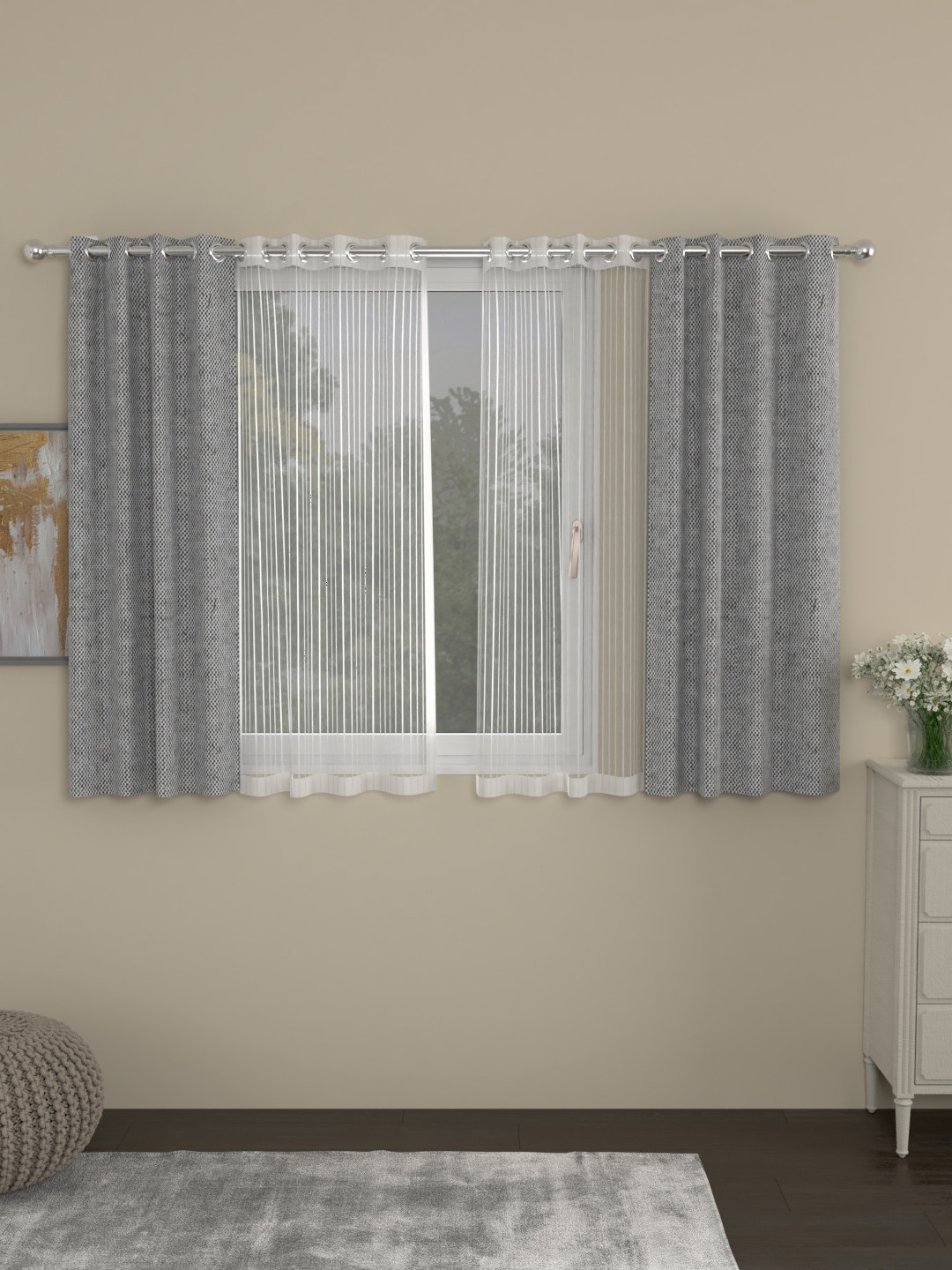 

ROSARA HOME Grey & White Set of 4 Window Curtains