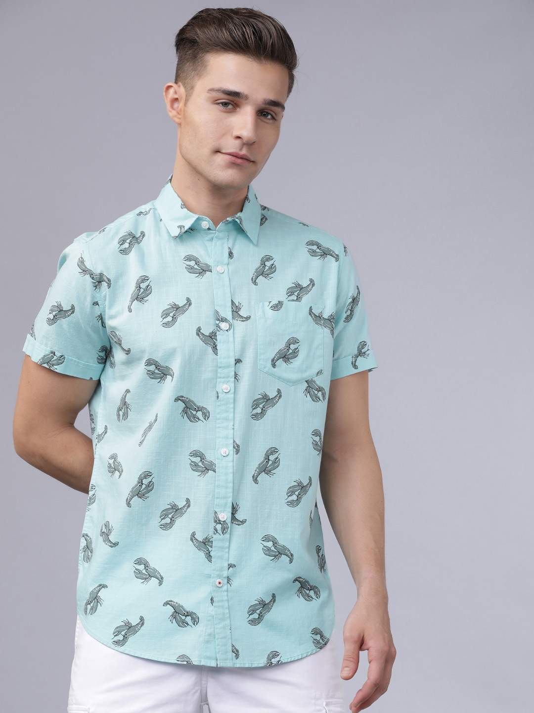 LOCOMOTIVE Men Sea Green & Grey Slim Fit Printed Casual Shirt